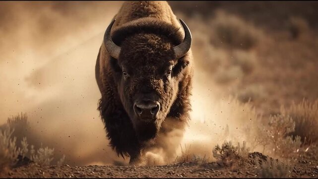 A bison running dust on ground