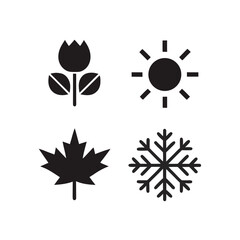 Four black icons representing seasons and weather on a white background symbol nature