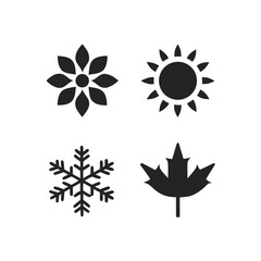 Four black seasonal icons flower sun snowflake maple leaf on white background bloom blossom