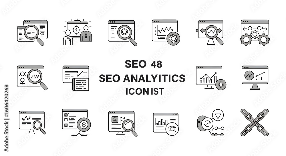Aufkleber set of thin line icons for seo analytics. a comprehensive icon list for digital marketing, website d