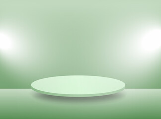 3D green podium on a green background with falling light. Vector geometric forms. Pedestal, studio display, showcase, mockup scene