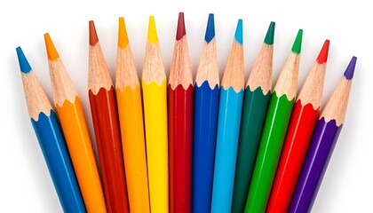 Fototapeta premium Set of colored pencils arranged in a semicircle, showing a vibrant spectrum of colors on a clean white backdrop, perfect for art and creativity themes