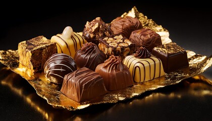 Assorted chocolates on a golden tray with a dark background showing various shapes and flavors