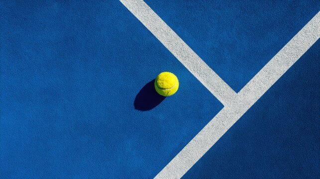 Bright yellow tennis ball resting on a vibrant blue hard court intersected by white lines, captured from above with sharp shadows and clean geometric contrast, symbolizing sport aesthetics