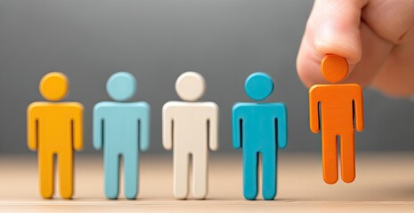 A hand selects an orange figurine from a row of colorful figures