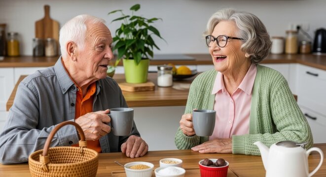 An elderly couple enjoys a warm conversation and drinks coffee together at a kitchen table