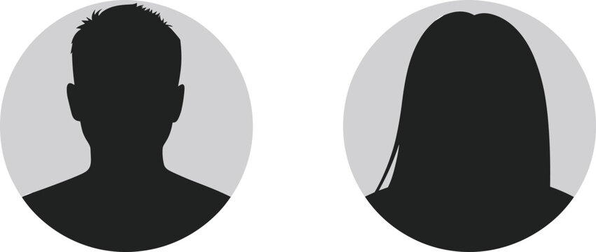 Vector male and female avatar silhouettes, blank profile icons, user identification symbols, default headshot placeholders, anonymous people illustrations