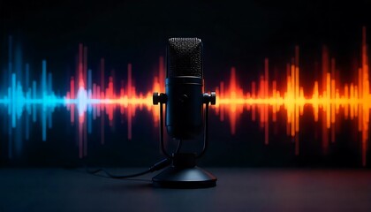 Retro microphone with electric waves on a black background, depicting energy and rhythm, Music and Audio Themes, created with generative ai