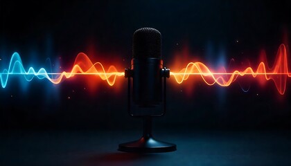 Retro microphone with electric waves on a black background, depicting energy and rhythm, Music and Audio Themes, created with generative ai