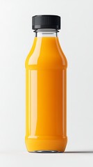 Single Bottle of Fresh Orange Juice with Black Cap Isolated on White