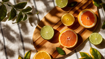 Fresh citrus medley with orange slices, lime halves, and lemon peels on white linen tablecloth, round wooden cutting board framed with herbs and sunlight