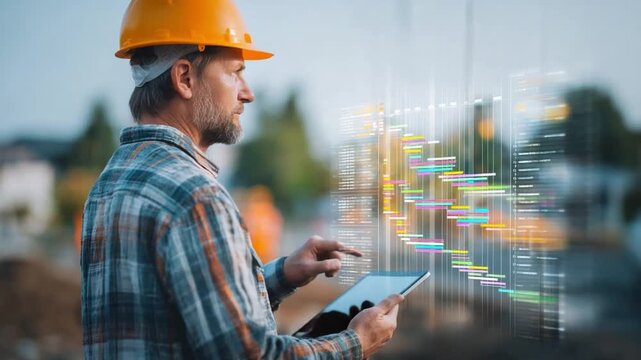 Construction Management at Dawn: An experienced construction worker, wearing a hard hat, meticulously reviews project timelines on a digital tablet at dawn, amidst a blurred construction site.