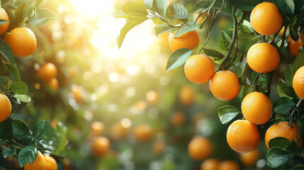 Tangerine tree with tangerines in orchard, blurred background, copy space