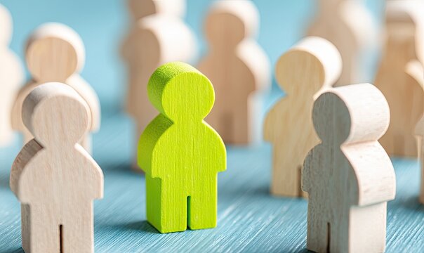 Single lime-green figurine amidst many light-brown figurines