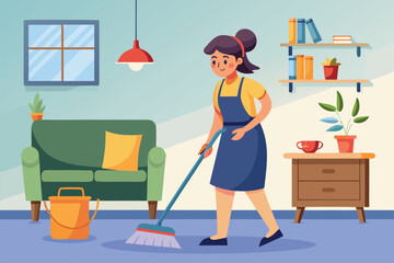 Woman mops floor in a cozy living room during daylight while maintaining cleanliness and organization in her home space
