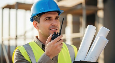 A construction worker in a hard hat and safety vest communicates on a walkietalkie while holding blueprints