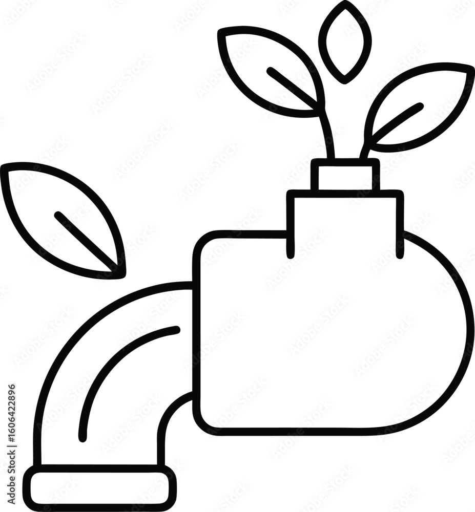 Poster clean line art icon of a faucet with leaves symbol isolated on transparent background