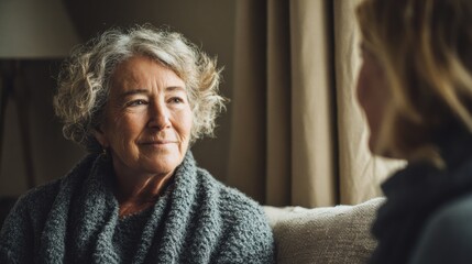 Elderly woman with curly gray hair sitting comfortably on a sofa, warmly engaging in a meaningful conversation with a younger woman in a softly lit home interior with cozy curtains