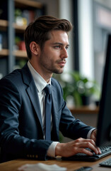 A professional man in a suit types on his keyboard at a modern workstation, surrounded by bookshelves and greenery. Perfect for corporate lifestyle and office productivity content