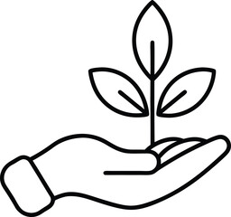 Clean line art icon of a hand holding a small plant isolated on transparent background