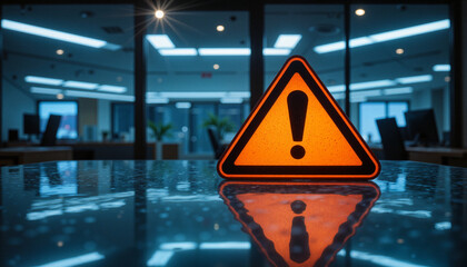Orange warning sign on reflective surface in modern office environment with background lights