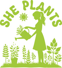 She Plants – Retro Wavy Groovy Botanical SVG Typography T-Shirt Design Celebrating Growth and Feminine Energy
