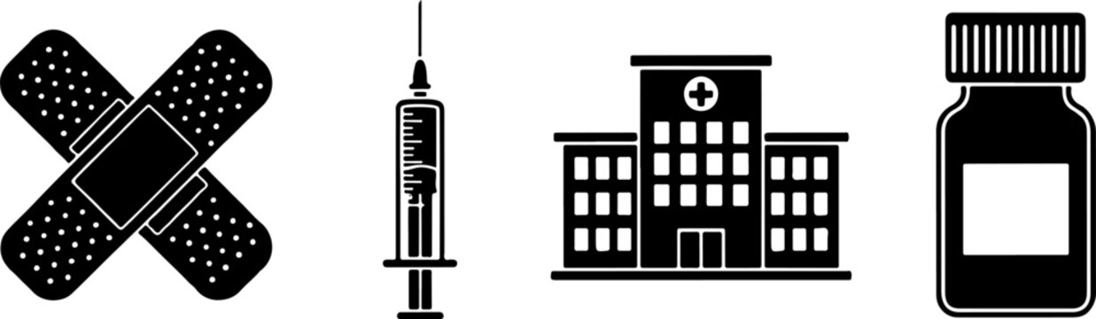 Vector art of medical symbols including a hospital, syringe, bandage, and medicine bottle