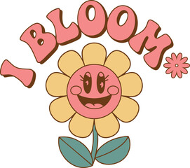 I Bloom – Retro Wavy Groovy Floral SVG Typography T-Shirt Design Embracing Self-Growth and Radiant Positivity