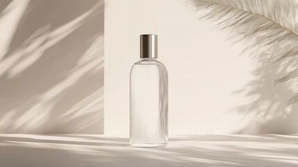 Naklejka premium A clear glass perfume bottle with a silver cap sits on a neutral background, illuminated by soft light casting shadows from a palm frond