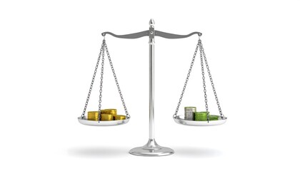Balancing financial assets with a classic silver scale showing coins and banknotes, symbolizing economic decisions and value comparison
