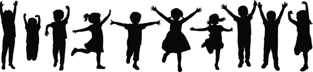 Silhouette of happy children jumping, kids group in motion, joyful childhood, black outline isolated on white background, vector illustration