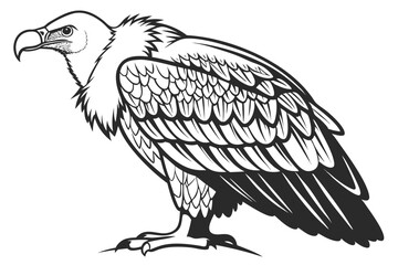 Detailed Black and White Illustration of a Griffon Vulture Standing Confidently on the Ground