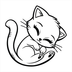 Naklejka premium A charming, hand-drawn black and white silhouette of a cute kitten curled up and sleeping peacefully