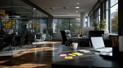 Modern open-plan office space with large windows, natural sunlight, and glass meeting room, featuring laptops, coffee mugs and contemporary workstations for collaborative and creative productivity