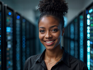 A technology professional with curly hair stands confidently among blue-lit server cabinets in a data center. Ideal for IT services and digital transformation content