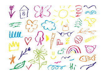 Hand drawn colorful charcoal doodle shapes and squiggles in childish girly style. Kid Pencil drawings isolated on white. Crown, stars, flower, heart, abstract shapes, collage elements. Naive