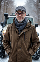 A winter-dressed individual stands before a lit white vehicle in snowy conditions wearing brown jacket and gray accessories. Perfect for seasonal apparel campaigns and travel content