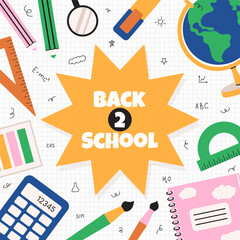 Back to school poster template. Education background with hand drawn elements. School supplies. Globe, rulers, book, pencils, doodle. Vector design for card, flyer, sale
