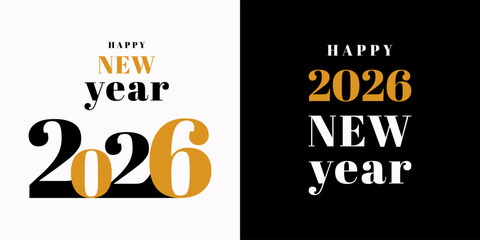 Happy New Year 2026 luxury card set. Golden numbers and text on white and black background. Holiday poster banner greeting flyer. Flat style vector illustration. Minimalist gold digit.