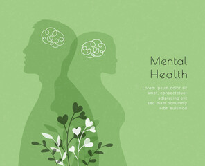Mental Health info poster. in May. Take care of your body and mind. Increase awareness of mental health. Control and protection. Prevention campaign. Flat style vector illustration.