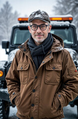 A rugged man in winter jacket and hat stands before a snow-covered vehicle in wintry terrain. Ideal for outdoor adventure and cold weather gear content