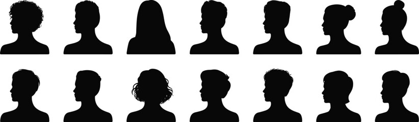 Side view silhouette avatar icons set, male and female profile illustrations, black headshot collection, vector user face graphics