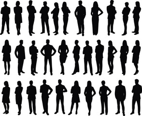 Multiple business people silhouettes standing in formal posture, diverse group of professionals in rows, team collaboration concept, vector graphic