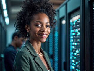 A stylish IT professional in black shirt and gold necklace stands before illuminated server racks in a data center. Great for technology and digital infrastructure content