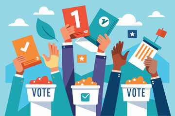 People engaging in the voting process by holding ballots in a colorful illustration celebrating democracy and civic participation in a modern setting