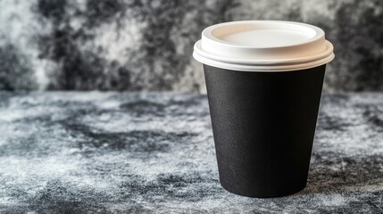 A black disposable coffee cup with a white lid sits on a mottled gray surface against a blurred gray background.  