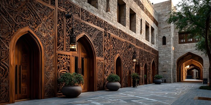 A Majestic Stone Facade Adorned with Intricate, Flowing Carved Wooden Panels