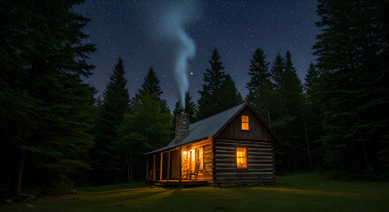 Cozy log cabin bathed in starlight