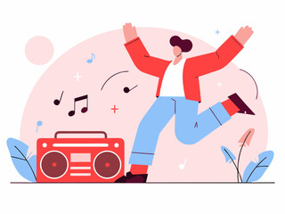 Joyful man dancing to music from a red boombox with musical notes around him