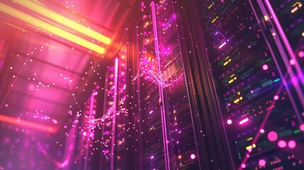 Fototapeta premium Futuristic server rack interior with glowing network